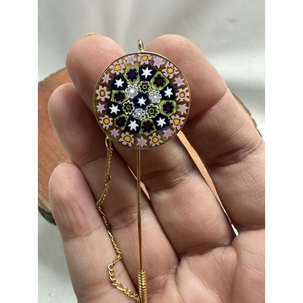 Art Glass Millefiori Murillo Stick Pin Goldtone Glass 2.5" Long Colorful 925